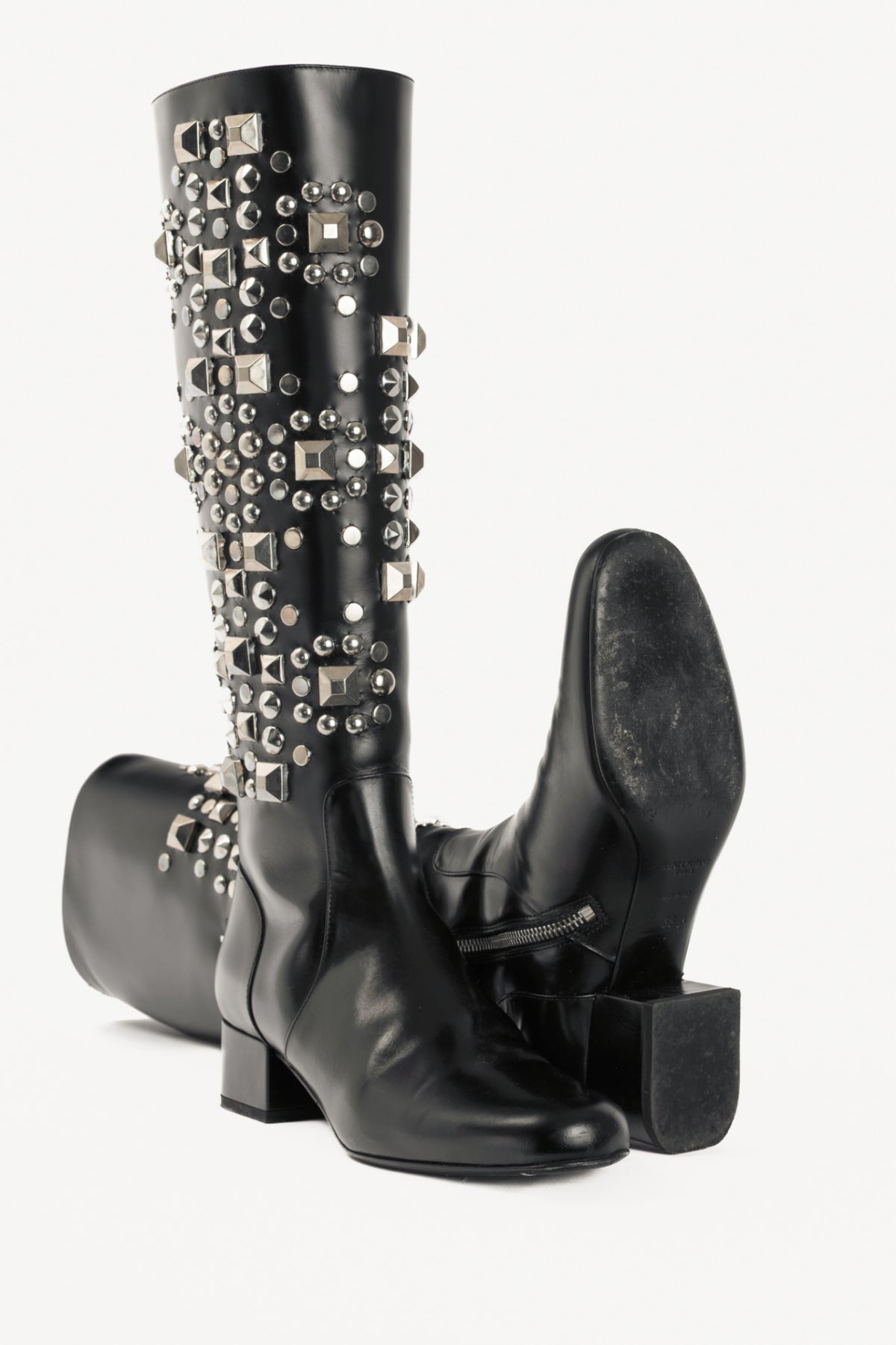 Saint Laurent AW14 Runway Babies 40 Black Leather Studded Knee-High Boots
