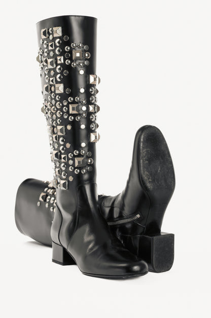 Saint Laurent AW14 Runway Babies 40 Black Leather Studded Knee-High Boots