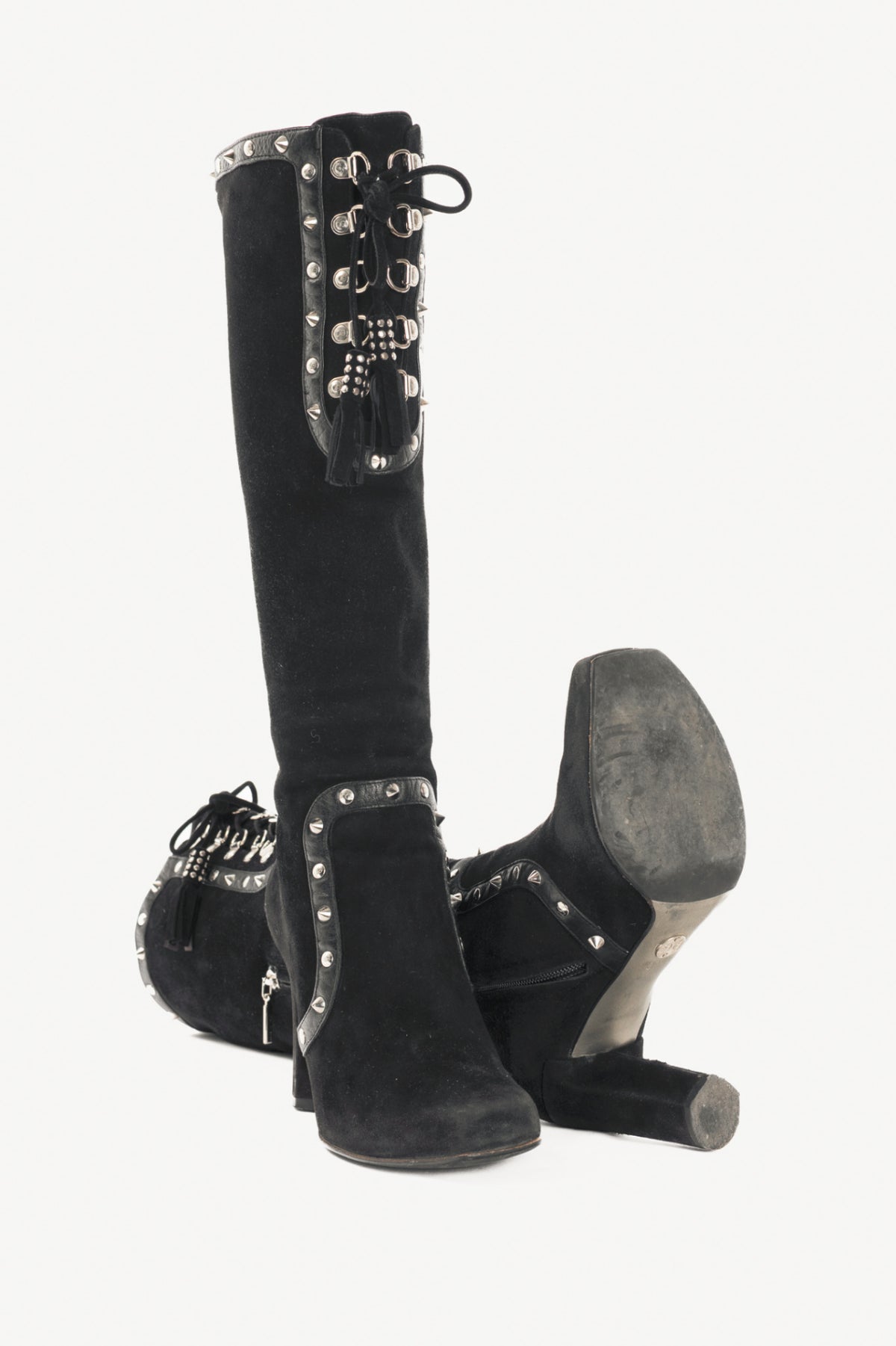 Dolce & Gabbana Black Suede Studded Lace-up Knee High Boots