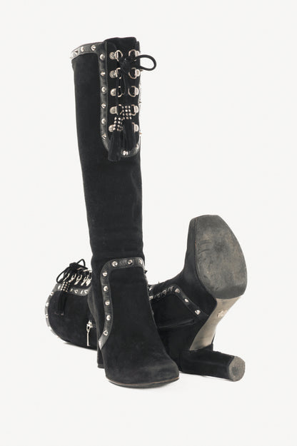 Dolce & Gabbana Black Suede Studded Lace-up Knee High Boots