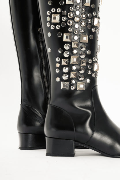 Saint Laurent AW14 Runway Babies 40 Black Leather Studded Knee-High Boots