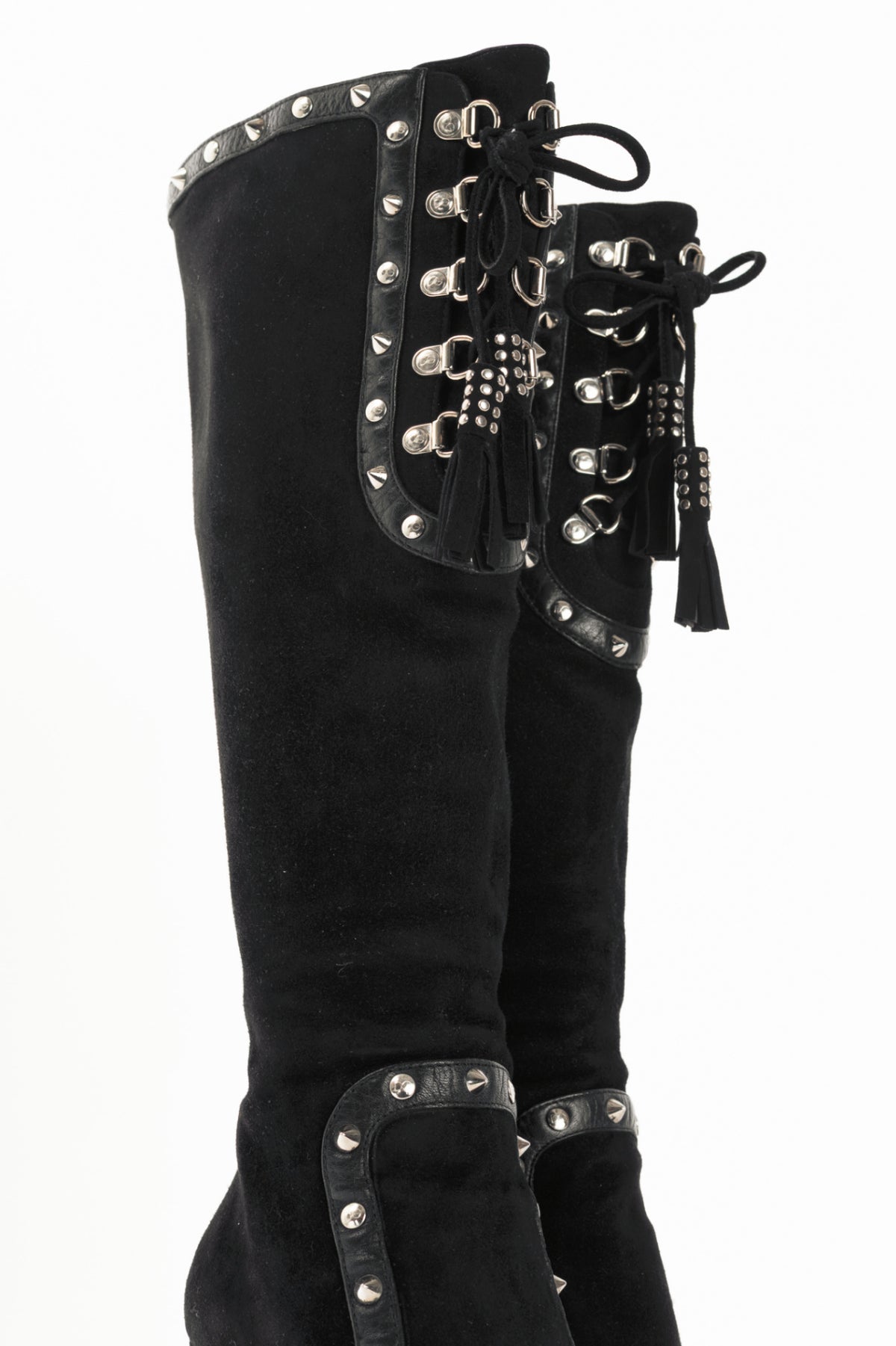Dolce & Gabbana Black Suede Studded Lace-up Knee High Boots