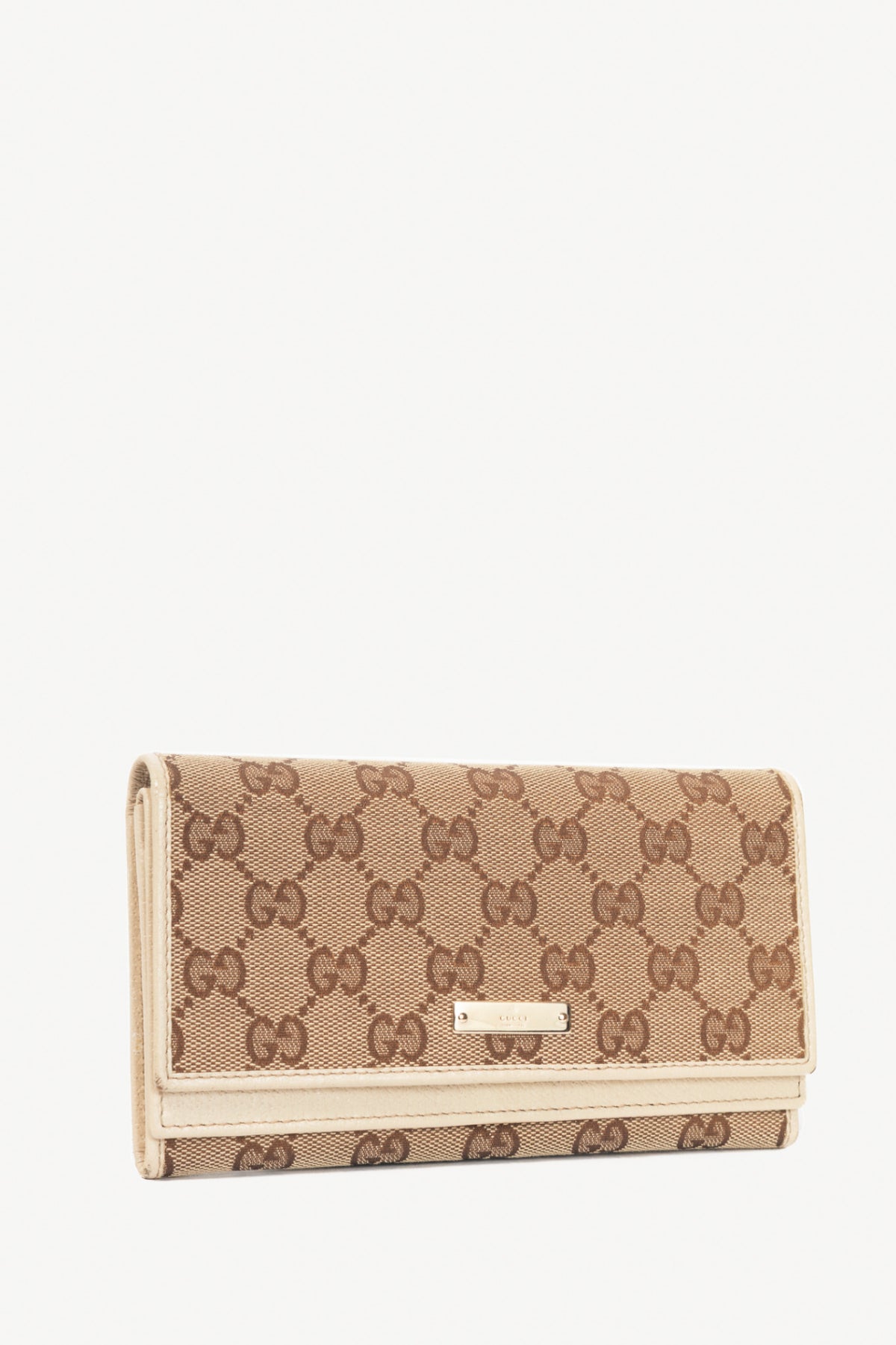 Gucci Beige & Ebony GG Canvas Cream-Trim Flap Wallet