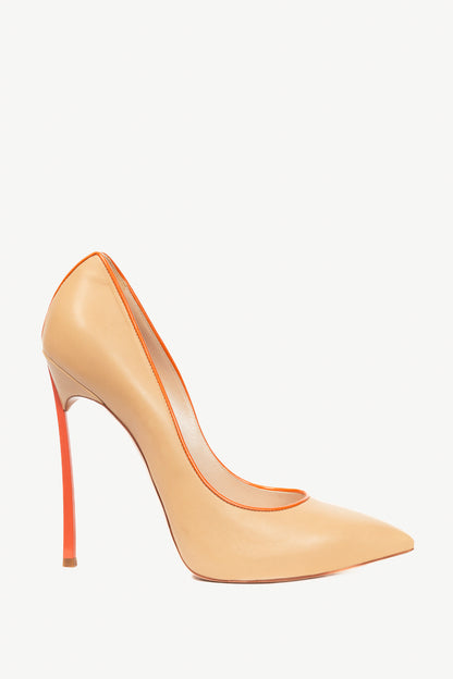 Casadei Blade Beige Leather Orange-Trim Pointed-Toe Pumps