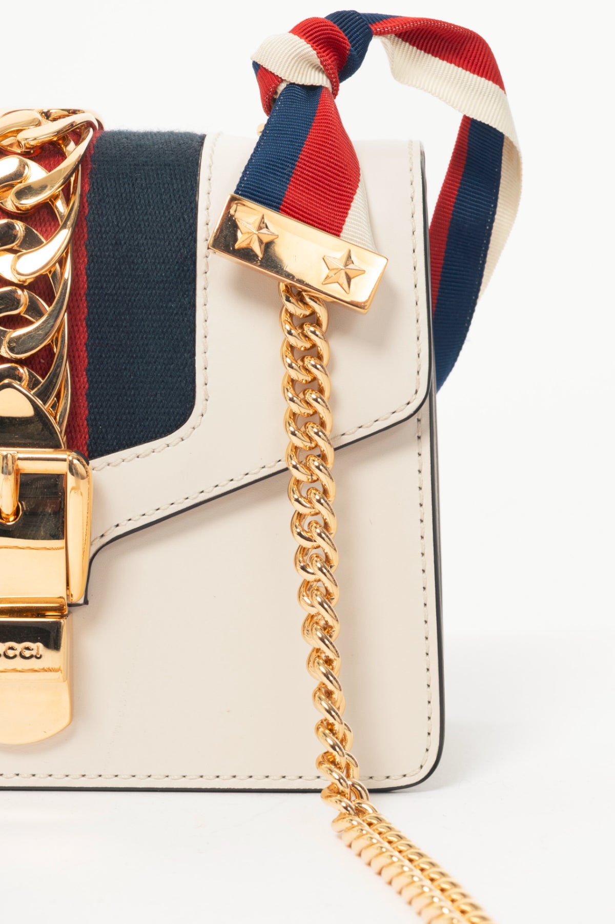 Gucci Sylvie Mini Chain White Leather Stripe-Web Bag