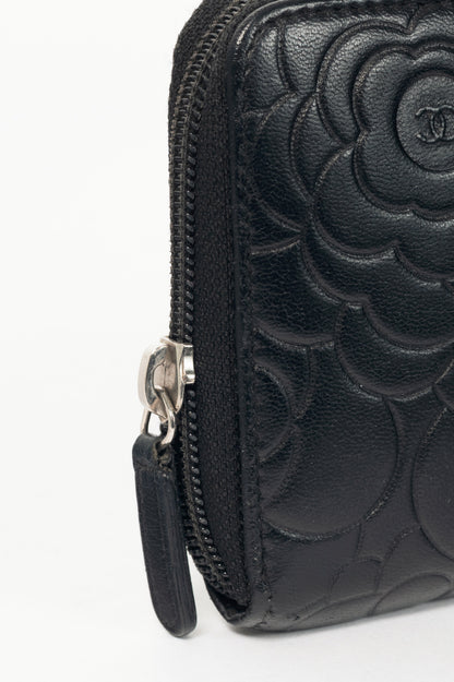 Chanel Black Camellia-Embossed Lambskin Zip Wallet