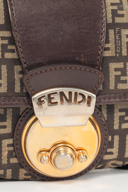 Fendi Borsa Tuc Brown Zucchino Canvas Leather-Trim Handbag
