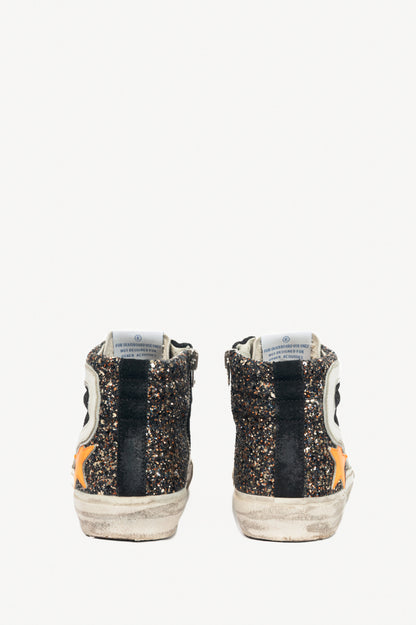 Golden Goose Slide Black, Gold Glitter & Orange Star Suede Sneakers