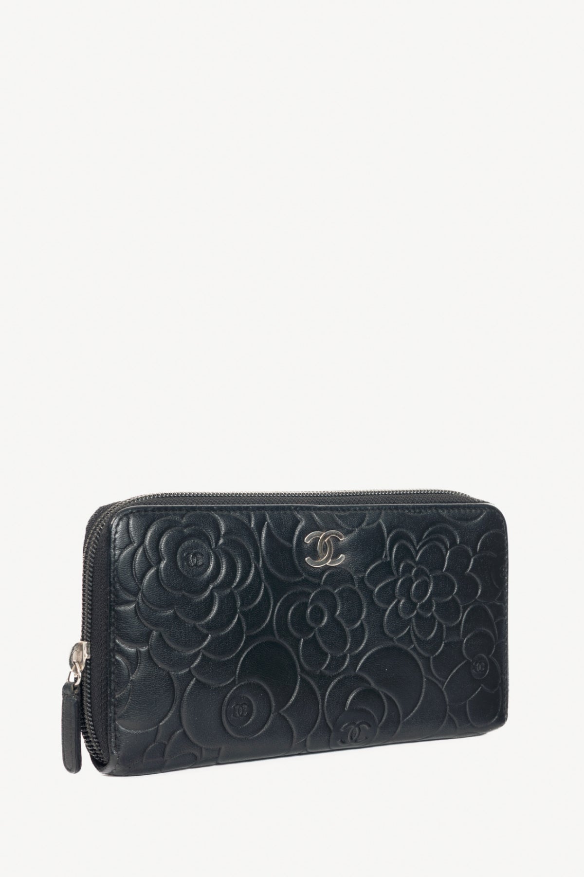 Chanel Black Camellia-Embossed Lambskin Zip Wallet