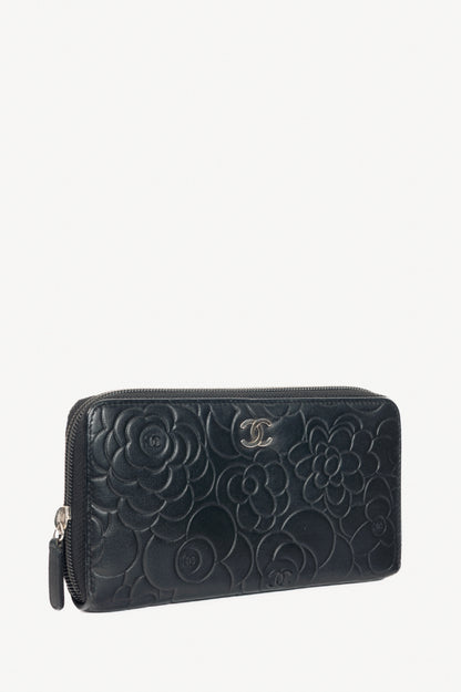 Chanel Black Camellia-Embossed Lambskin Zip Wallet
