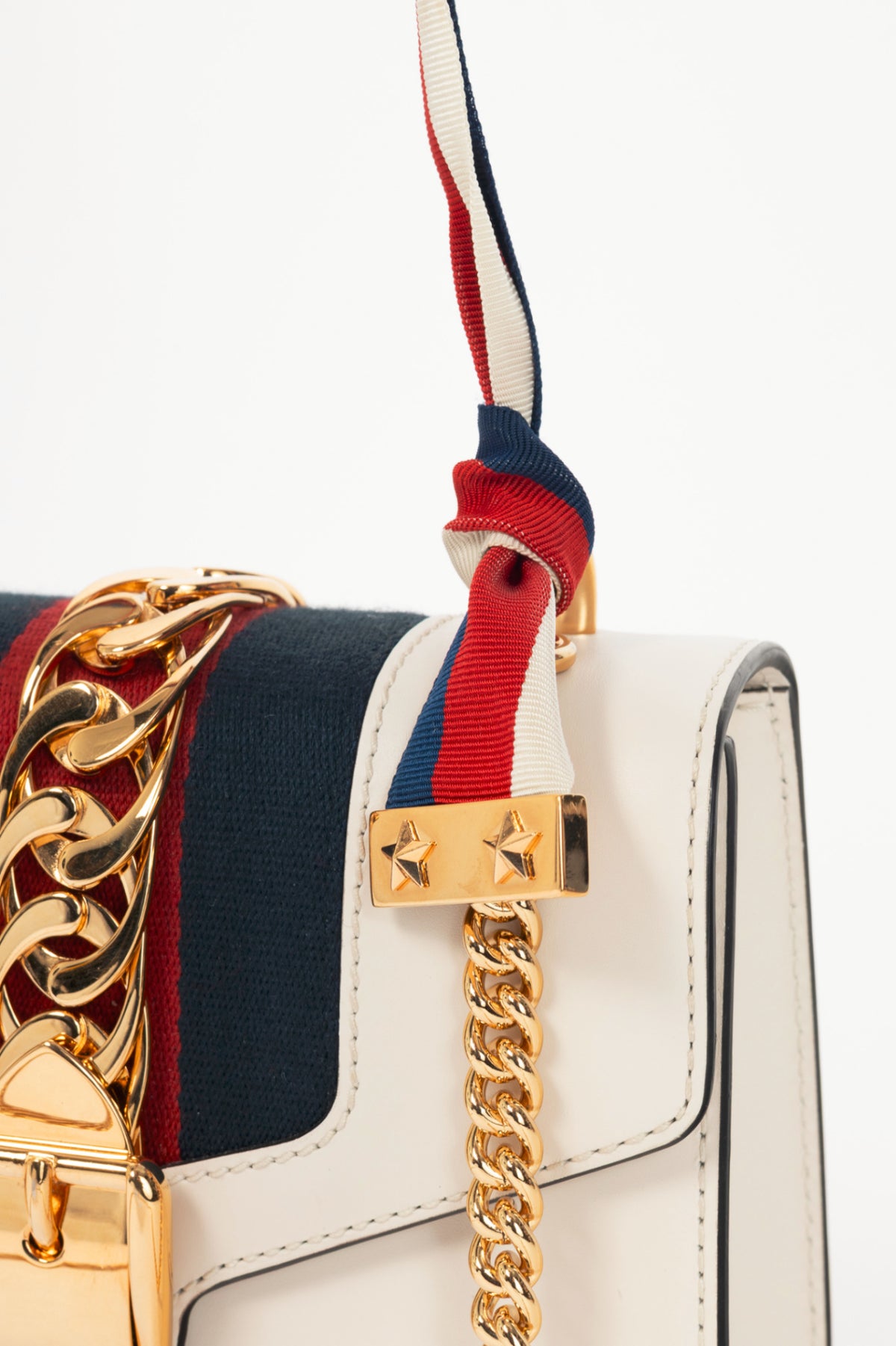 Gucci Sylvie Mini Chain White Leather Stripe-Web Bag