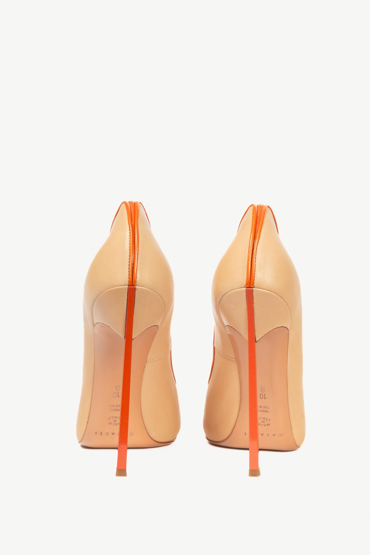 Casadei Blade Beige Leather Orange-Trim Pointed-Toe Pumps