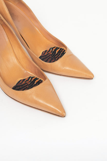 Hermes Tan Leather Pointed-Toe Stacked-Heel Pumps