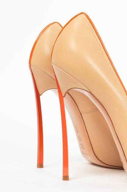 Casadei Blade Beige Leather Orange-Trim Pointed-Toe Pumps