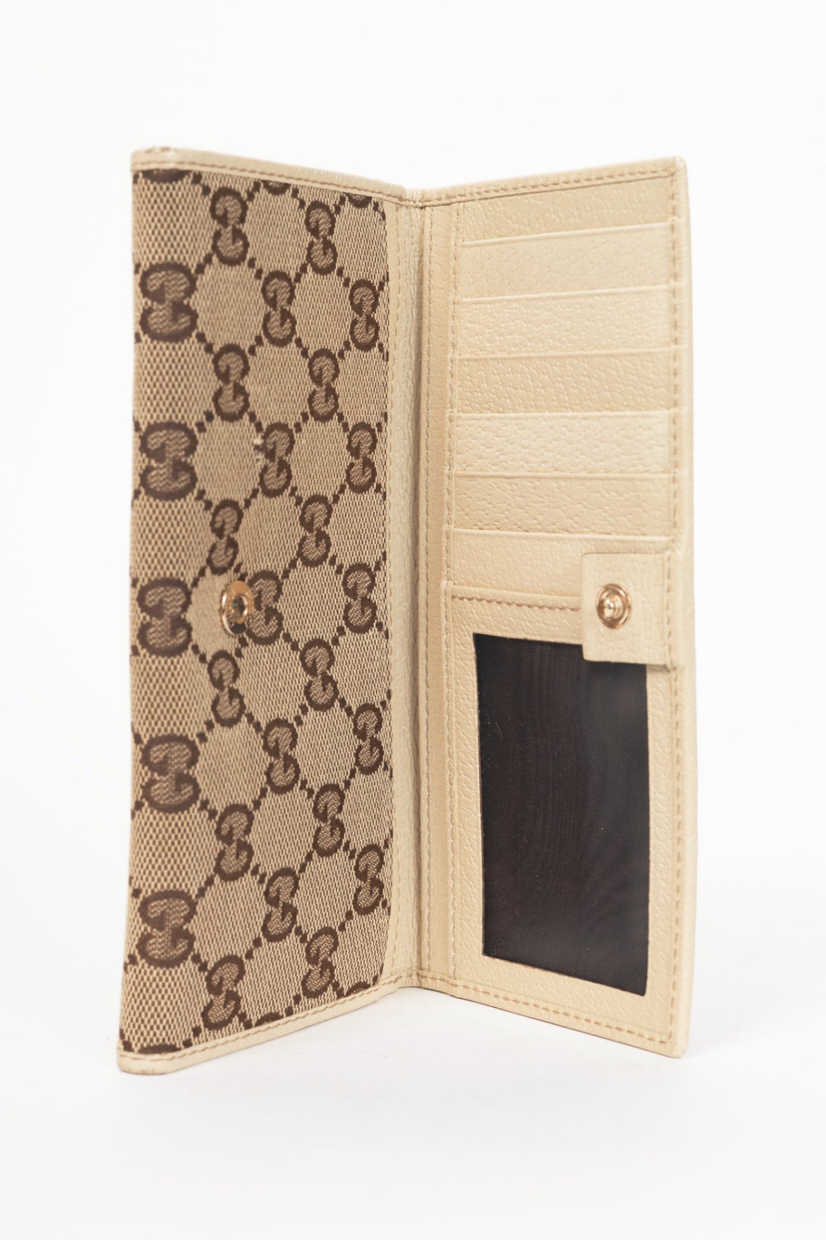 Gucci Beige & Ebony GG Canvas Cream-Trim Flap Wallet