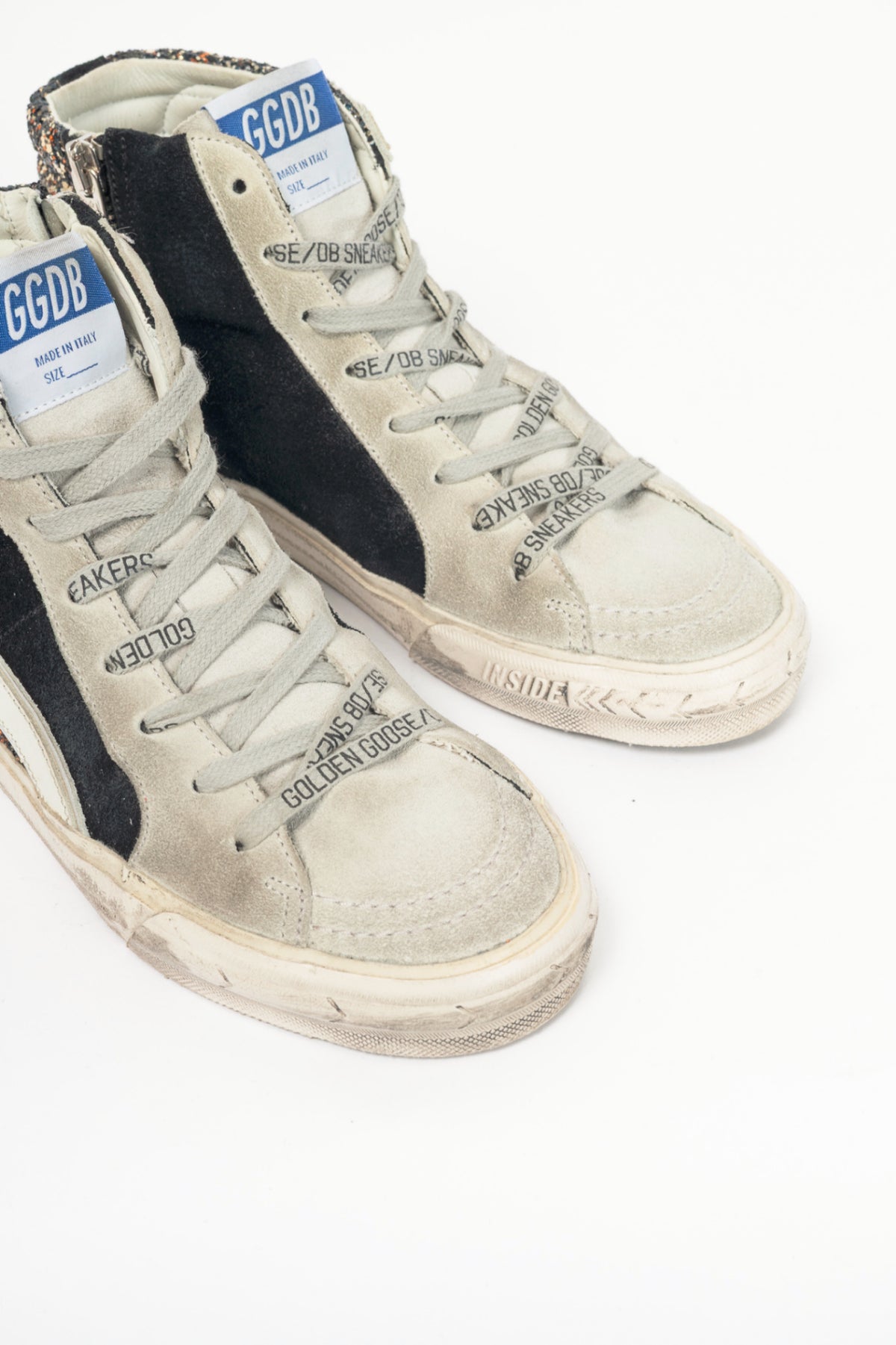 Golden Goose Slide Black, Gold Glitter & Orange Star Suede Sneakers