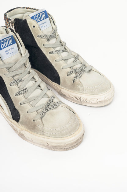 Golden Goose Slide Black, Gold Glitter & Orange Star Suede Sneakers