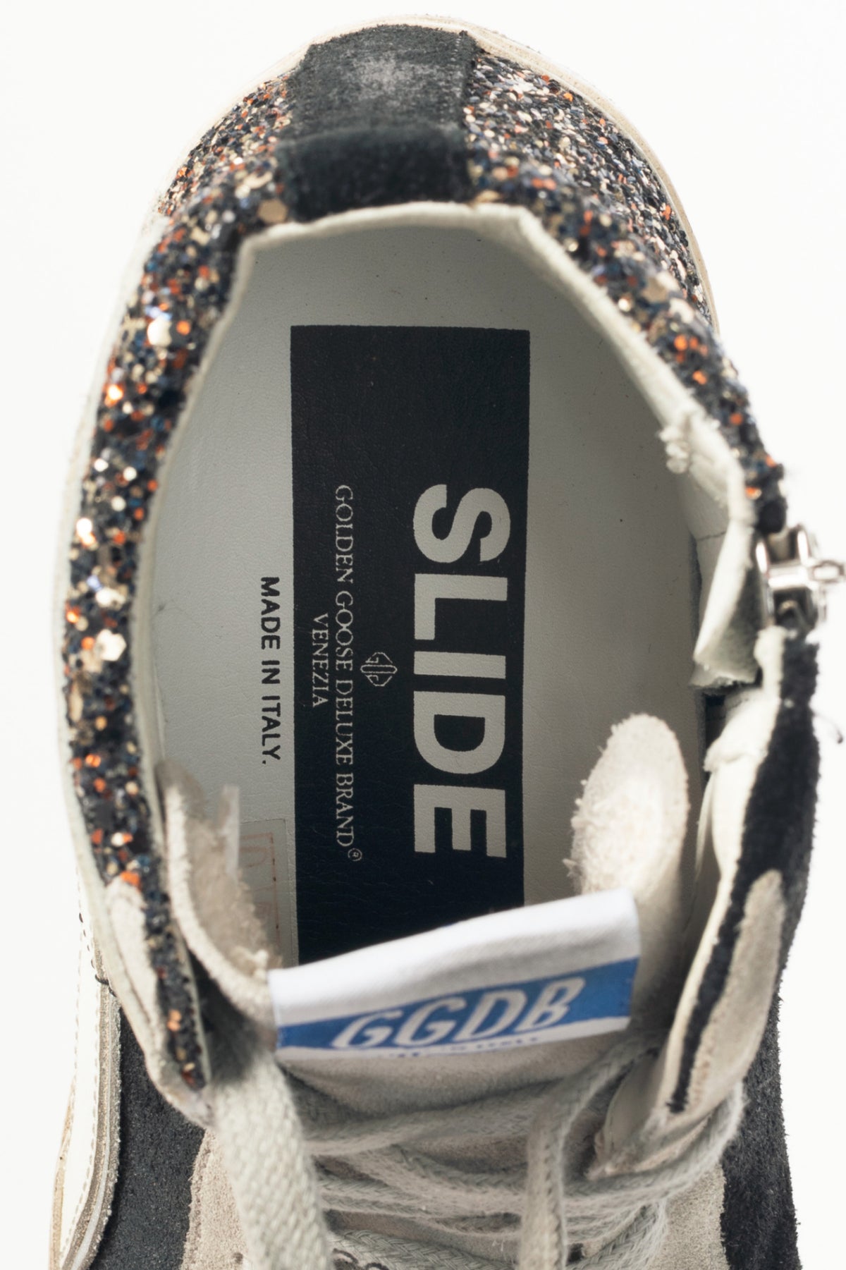 Golden Goose Slide Black, Gold Glitter & Orange Star Suede Sneakers