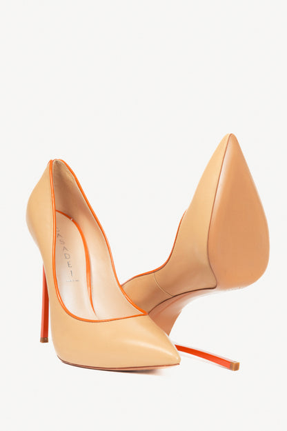 Casadei Blade Beige Leather Orange-Trim Pointed-Toe Pumps