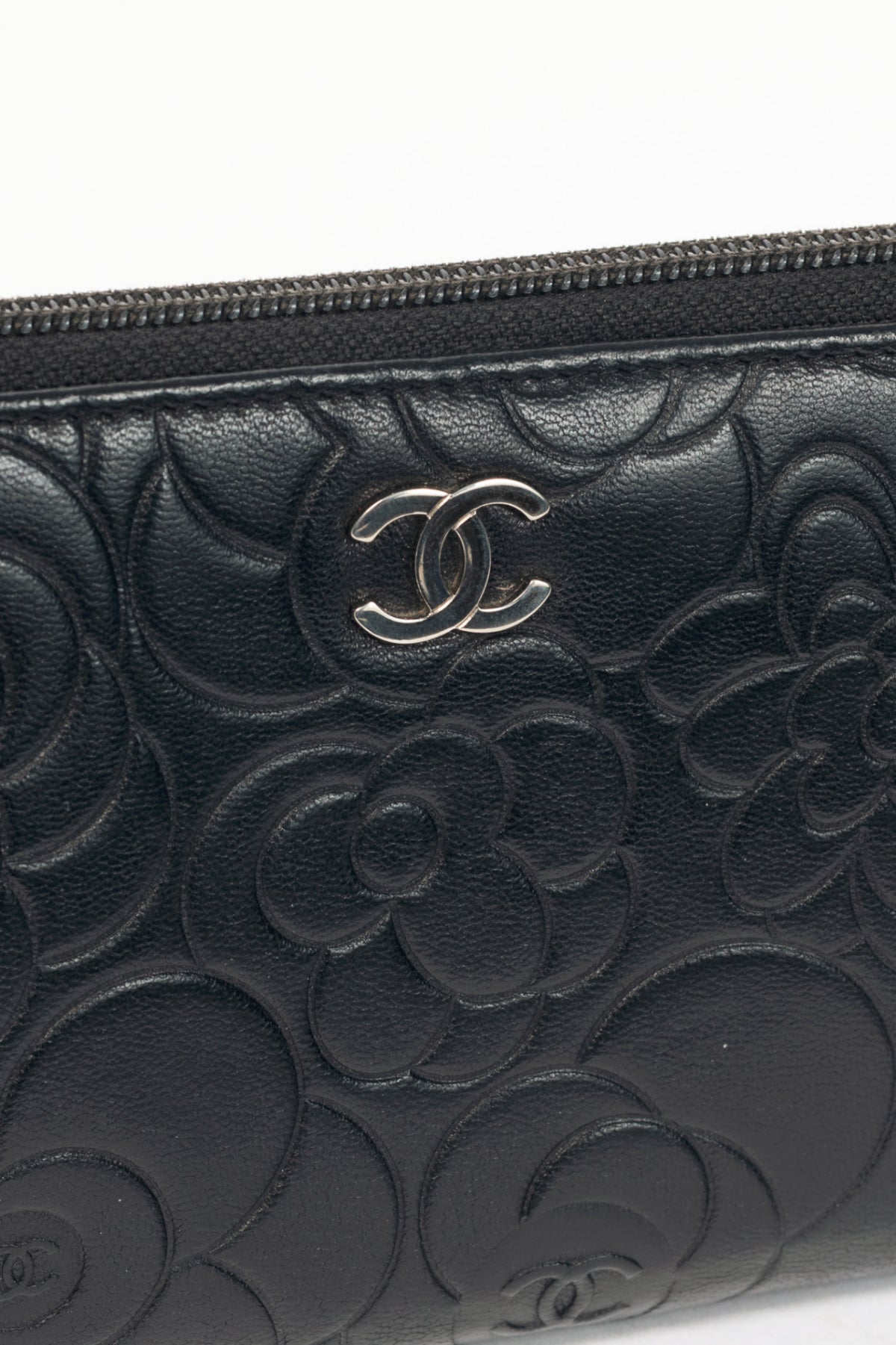 Chanel Black Camellia-Embossed Lambskin Zip Wallet