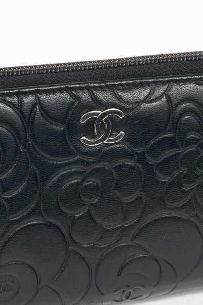 Chanel Black Camellia-Embossed Lambskin Zip Wallet
