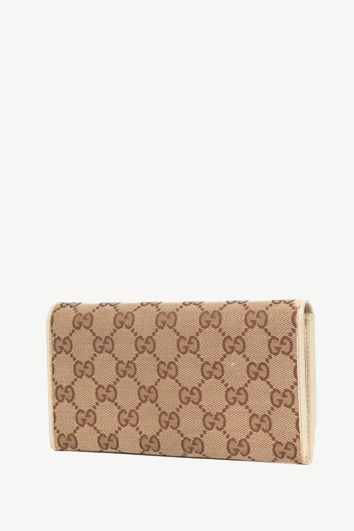 Gucci Beige & Ebony GG Canvas Cream-Trim Flap Wallet
