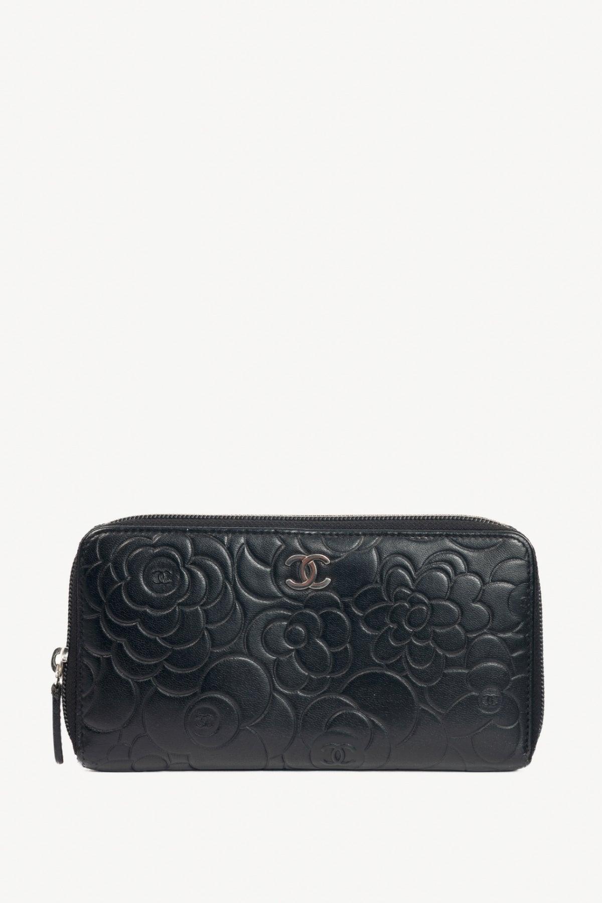 Chanel Black Camellia-Embossed Lambskin Zip Wallet