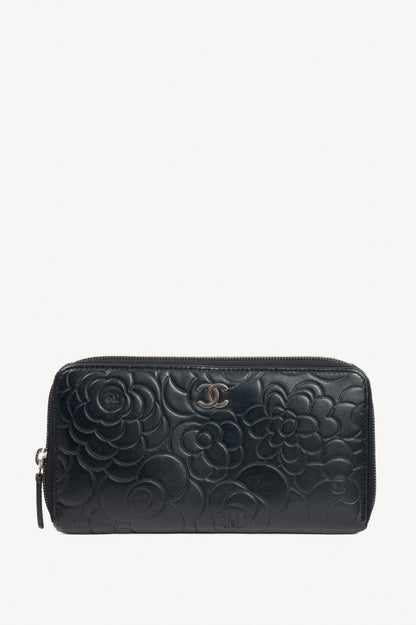 Chanel Black Camellia-Embossed Lambskin Zip Wallet