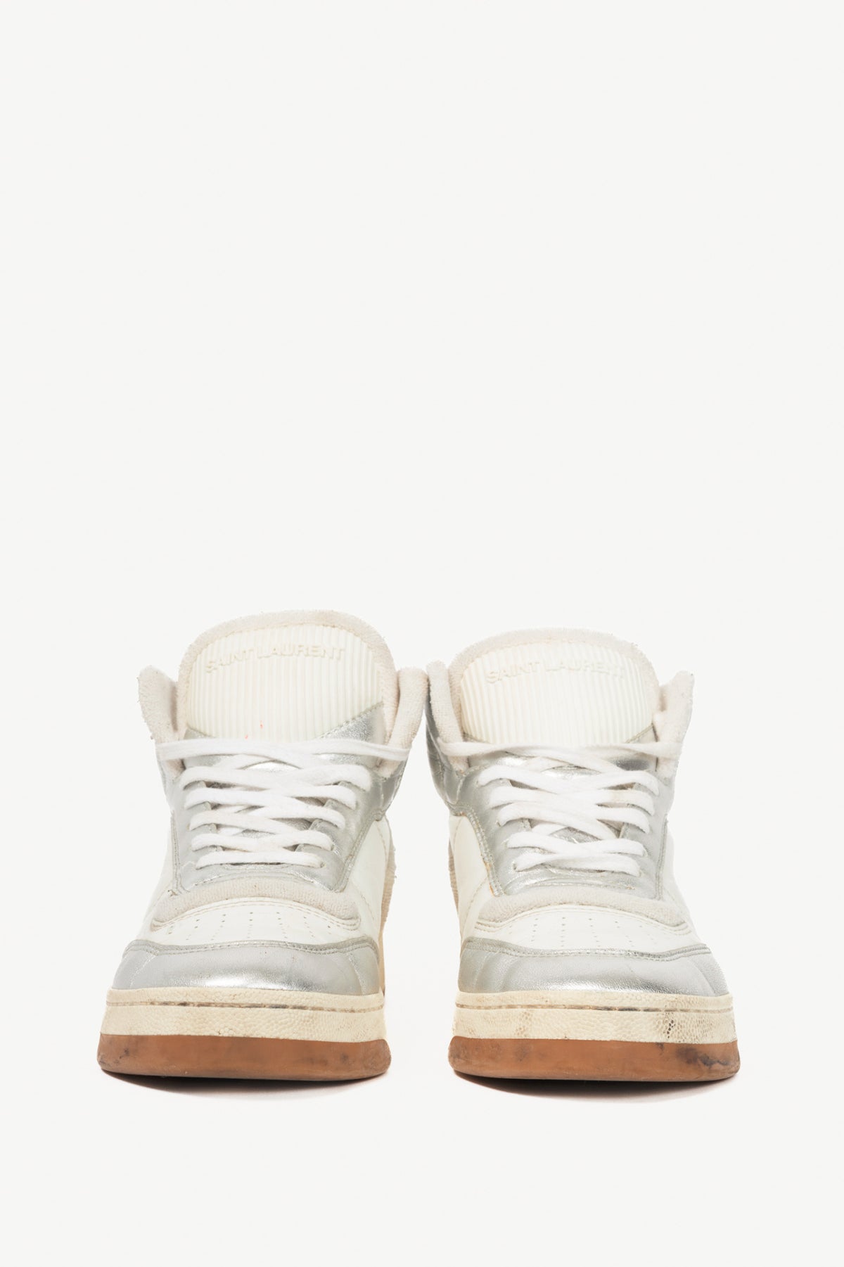 Saint Laurent SL/80 White & Silver High-Top Lace-Up Sneakers