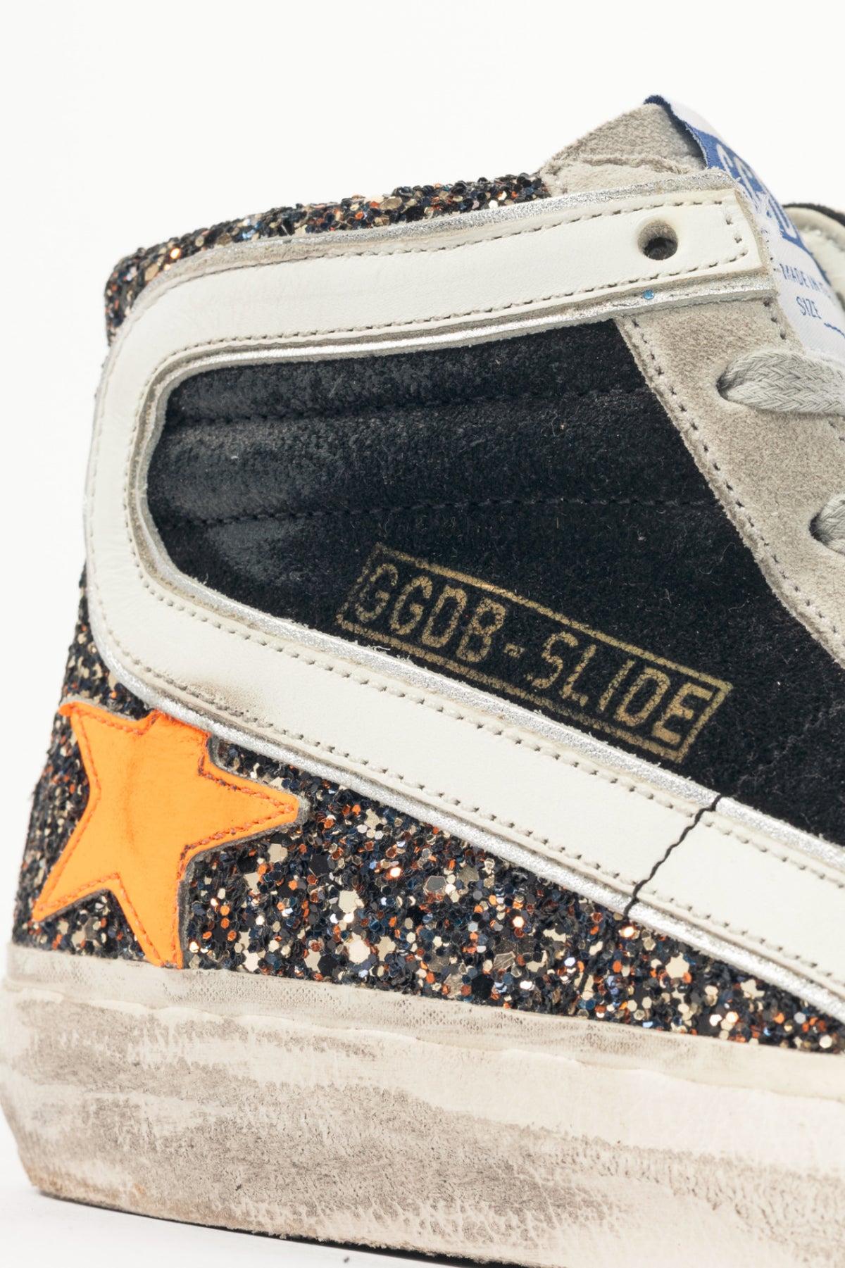 Golden Goose Slide Black, Gold Glitter & Orange Star Suede Sneakers