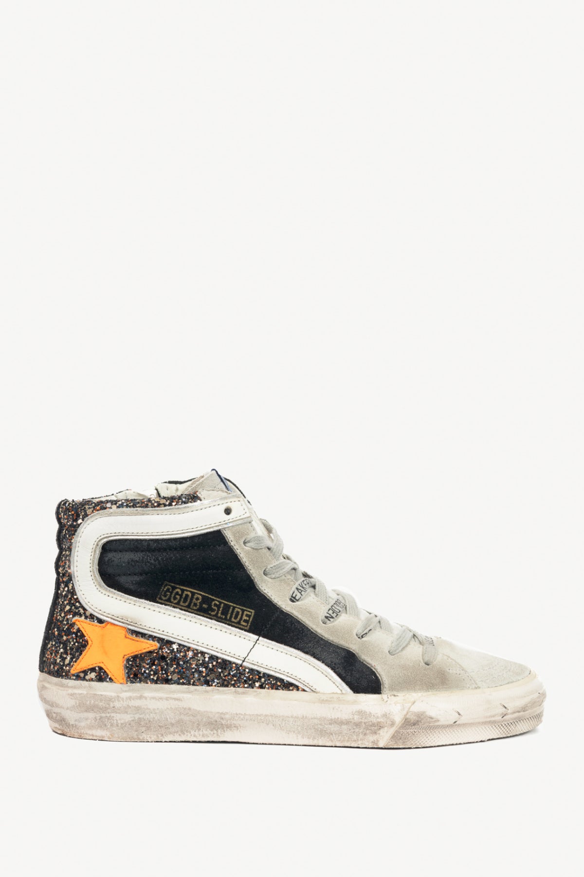 Golden Goose Slide Black, Gold Glitter & Orange Star Suede Sneakers