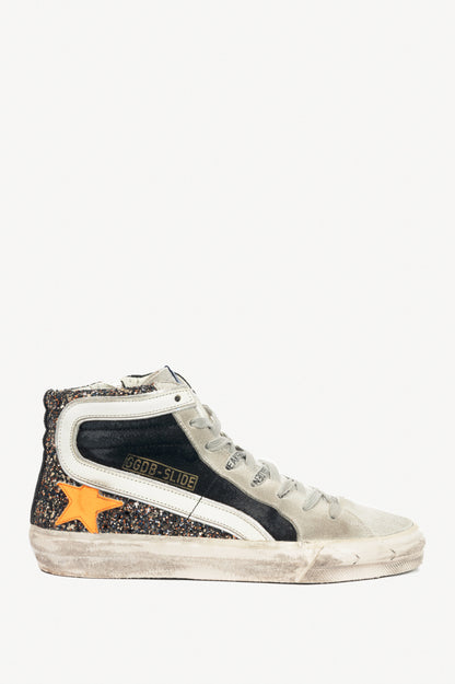 Golden Goose Slide Black, Gold Glitter & Orange Star Suede Sneakers