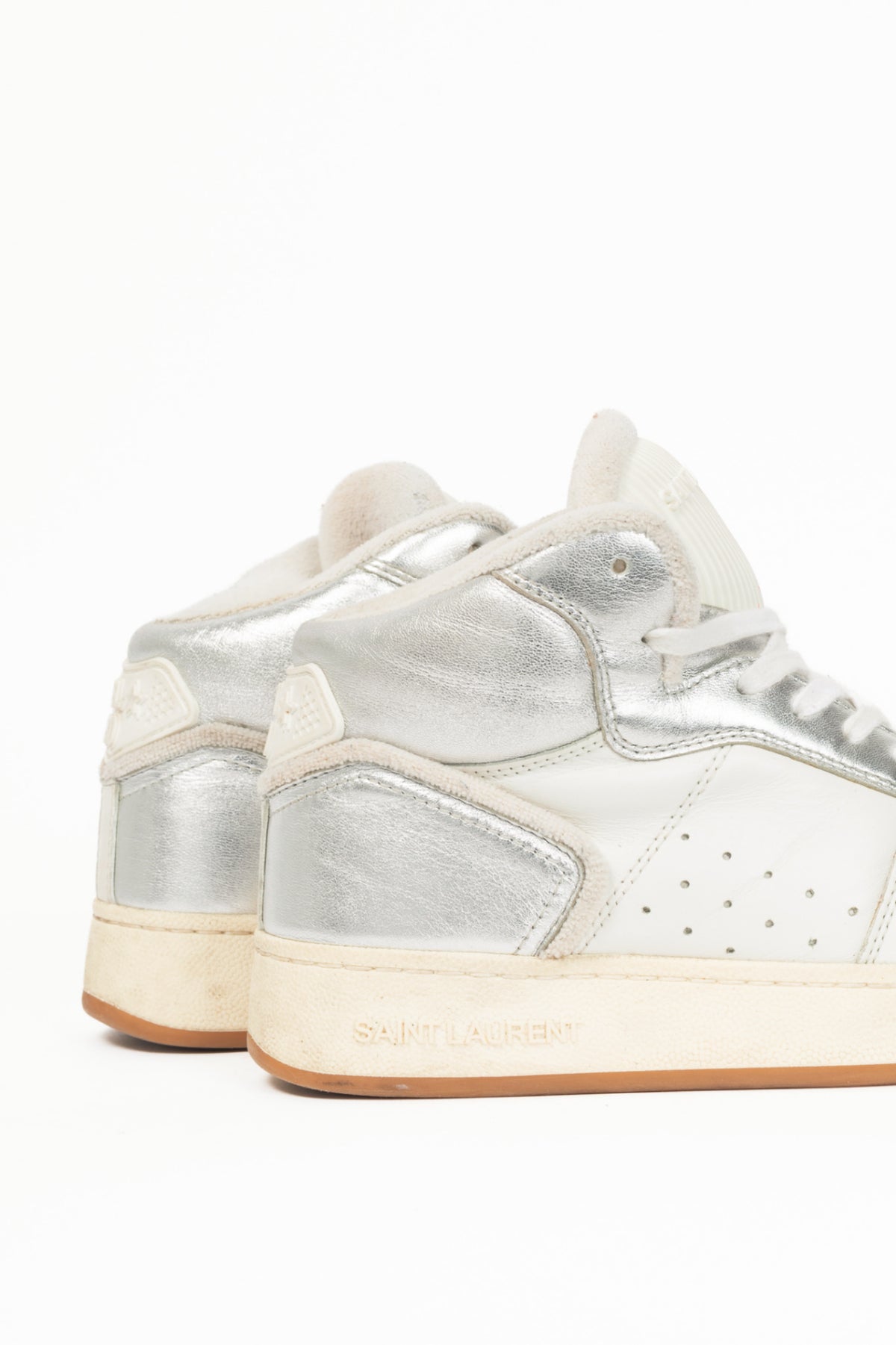 Saint Laurent SL/80 White & Silver High-Top Lace-Up Sneakers