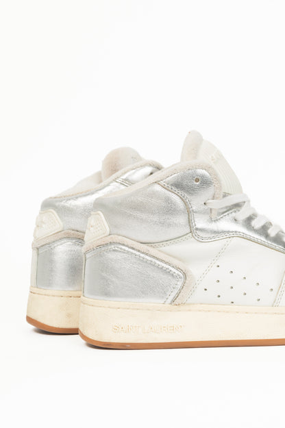 Saint Laurent SL/80 White & Silver High-Top Lace-Up Sneakers