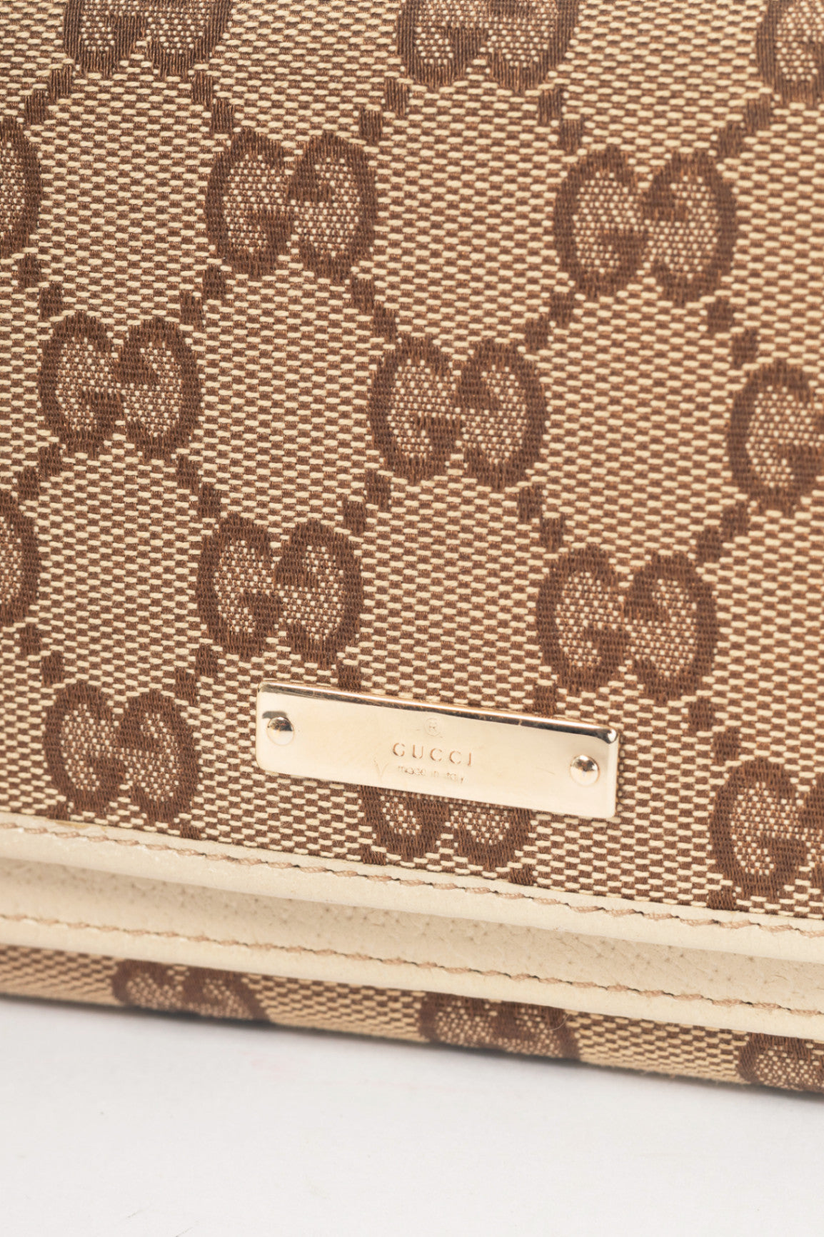 Gucci Beige & Ebony GG Canvas Cream-Trim Flap Wallet