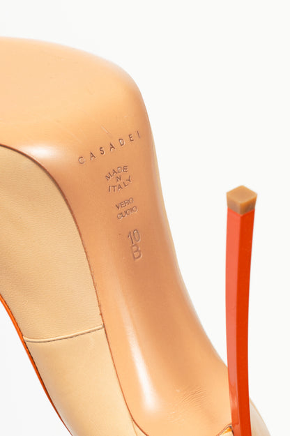 Casadei Blade Beige Leather Orange-Trim Pointed-Toe Pumps