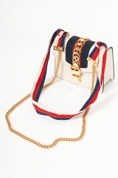 Gucci Sylvie Mini Chain White Leather Stripe-Web Bag