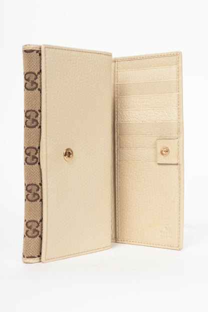 Gucci Beige & Ebony GG Canvas Cream-Trim Flap Wallet