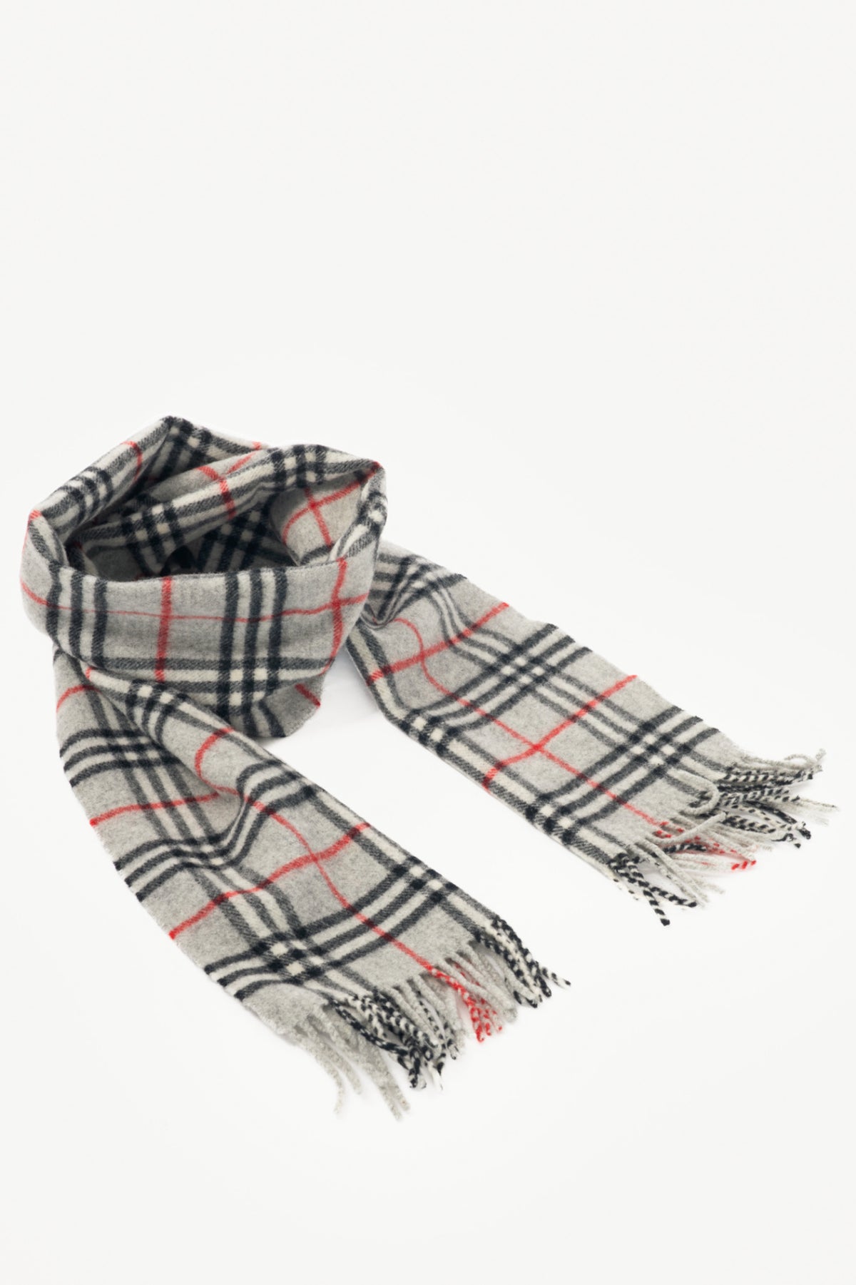 Burberry Grey Check Cashmere-Flannel Fringed Scarf 