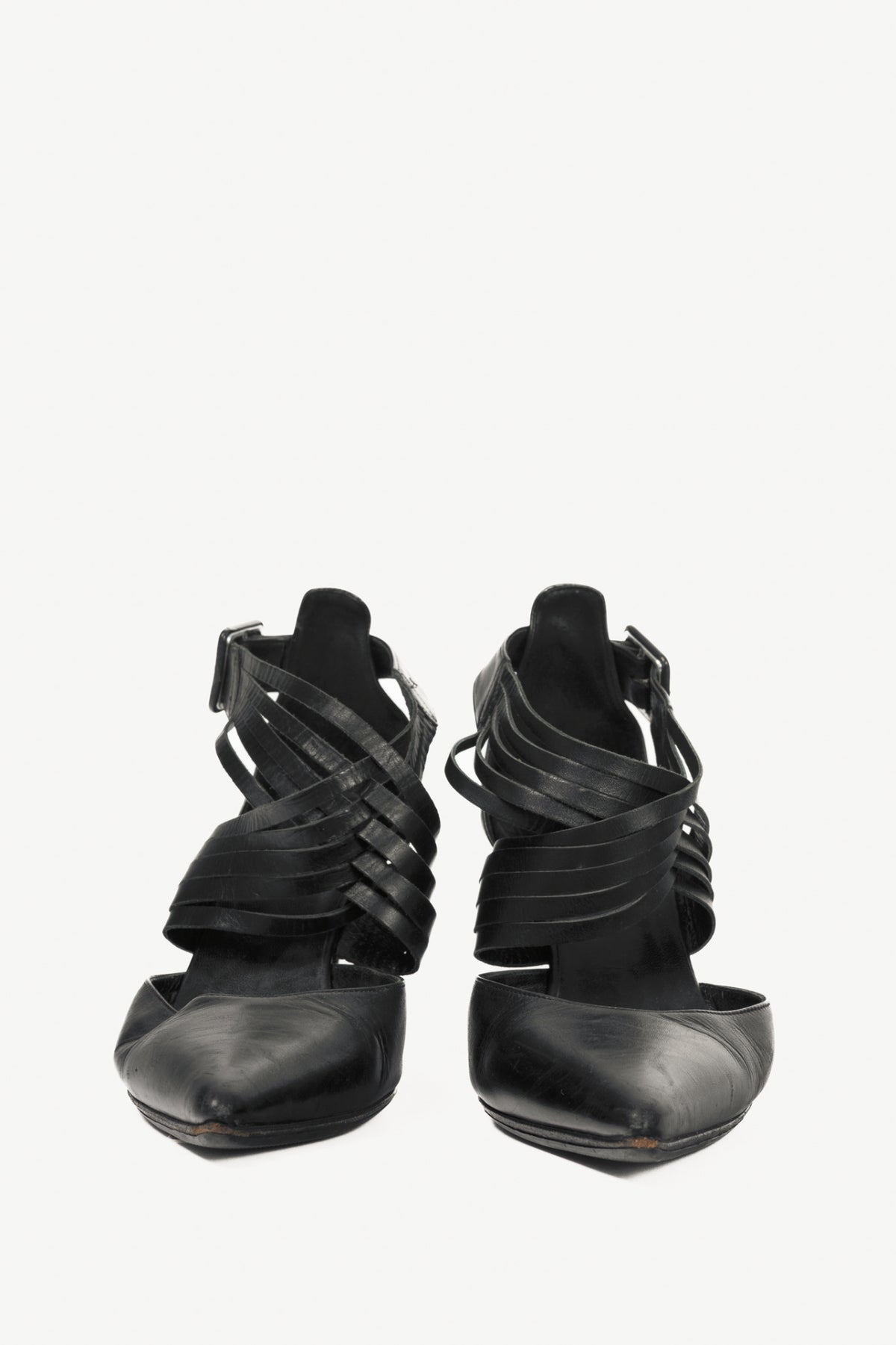 Hermes Black Leather Pointed-Toe Criss-Cross Pumps