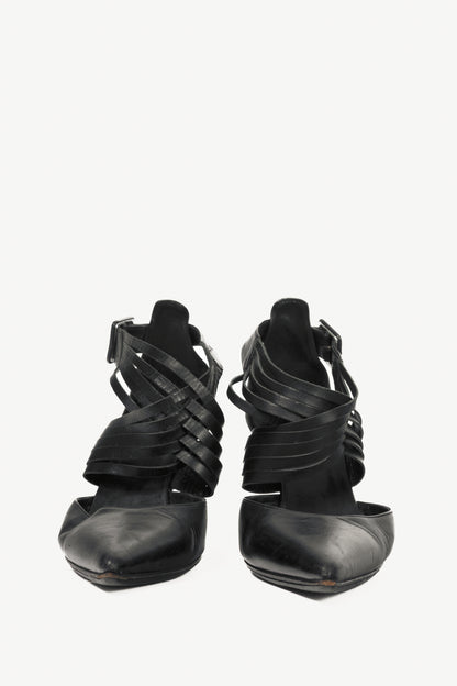 Hermes Black Leather Pointed-Toe Criss-Cross Pumps