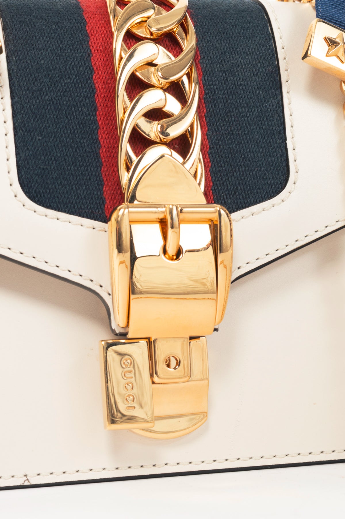 Gucci Sylvie Mini Chain White Leather Stripe-Web Bag