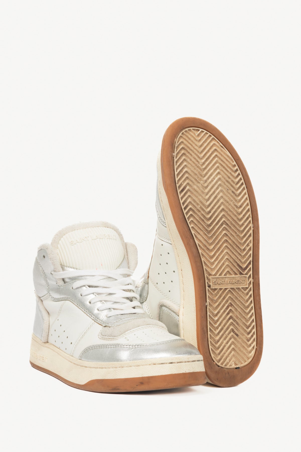Saint Laurent SL/80 White & Silver High-Top Lace-Up Sneakers