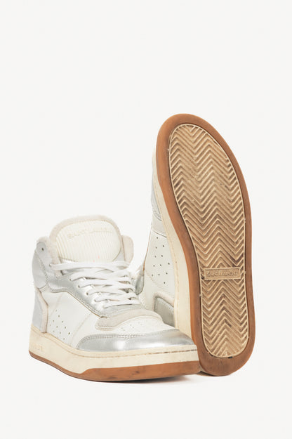 Saint Laurent SL/80 White & Silver High-Top Lace-Up Sneakers