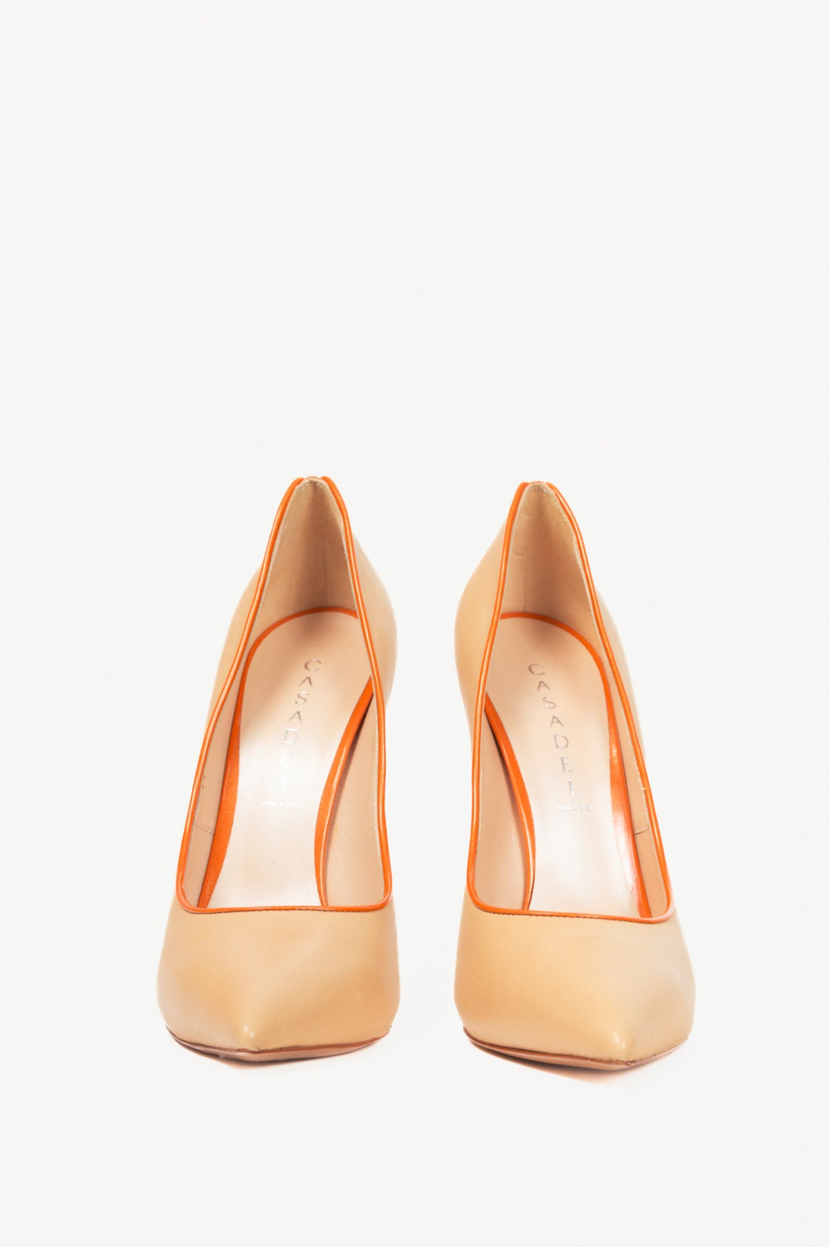 Casadei Blade Beige Leather Orange-Trim Pointed-Toe Pumps