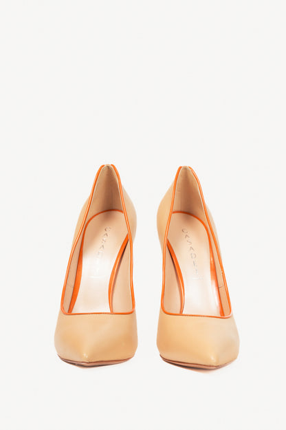 Casadei Blade Beige Leather Orange-Trim Pointed-Toe Pumps