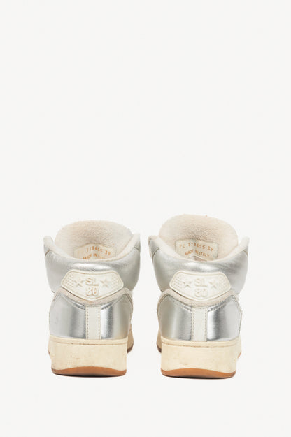 Saint Laurent SL/80 White & Silver High-Top Lace-Up Sneakers