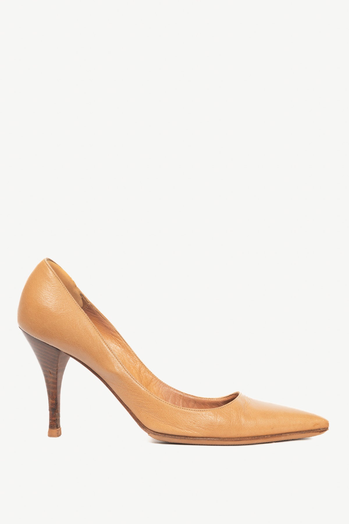 Hermes Tan Leather Pointed-Toe Stacked-Heel Pumps