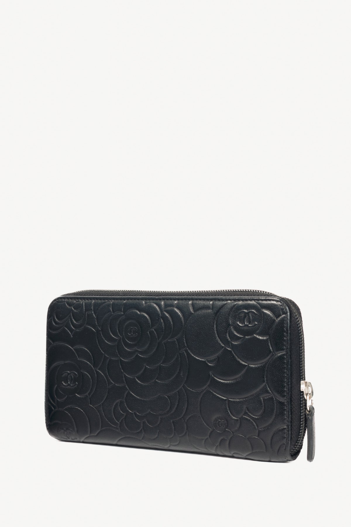 Chanel Black Camellia-Embossed Lambskin Zip Wallet
