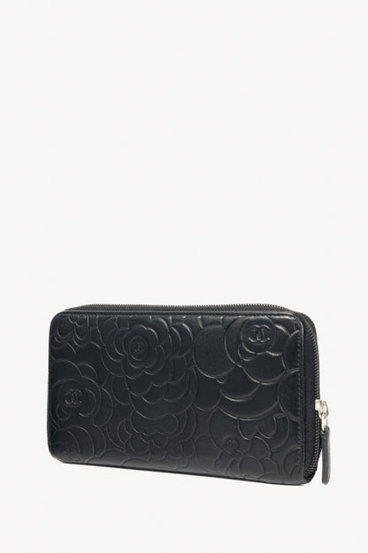 Chanel Black Camellia-Embossed Lambskin Zip Wallet